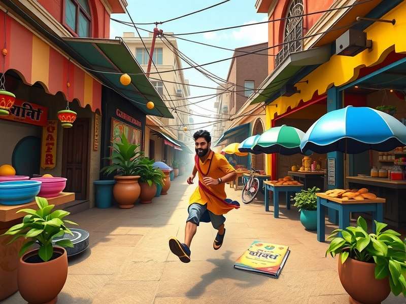 Rupnagar Premier Runner gameplay screenshot showing a runner in traditional Indian attire navigating through a colorful market